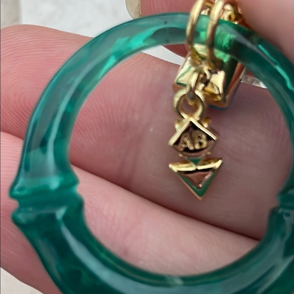 Alexis Bittar Lucite Turquoise Green Hoop Statement Earrings Gold Geometric Dang - Picture 4 of 4